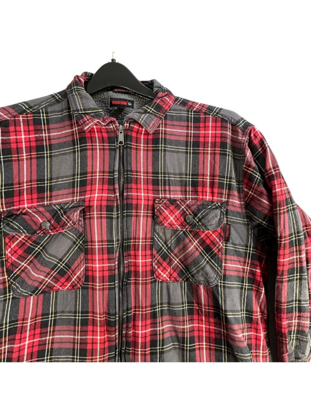 Wolverine Red & Black Plaid Shacket Mens XL Sherpa Lined Flannel Zip Work Wear